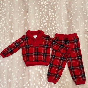 Ralph Lauren Boys Red Plaid Fleece Pullover & Jogger Set | 24 Months